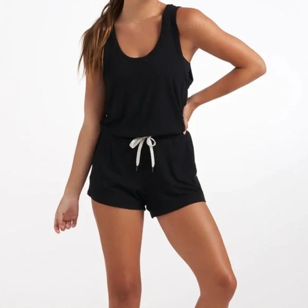 Vuori Black Tank Romper with Contrast Drawstring